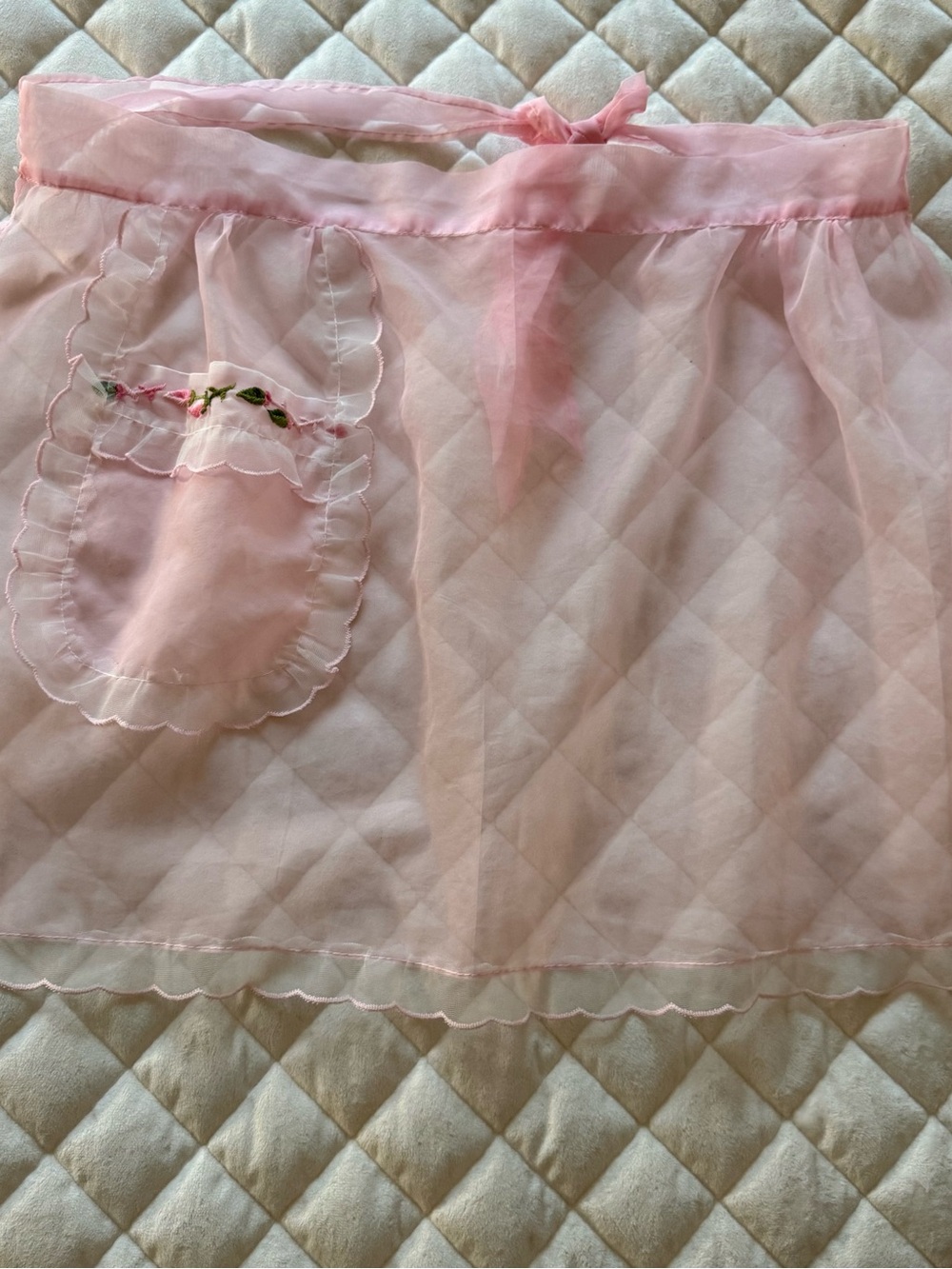 Vintage 1950s Pink Sheer Hostess Half Apron Embroidered Rosebud Pocket Chiffon